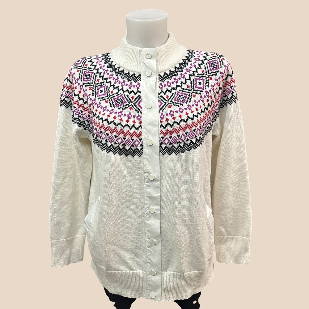 T By Talbots Womens Cream Fair Isle Snap Front Cardigan Sweater Sz L Petite
